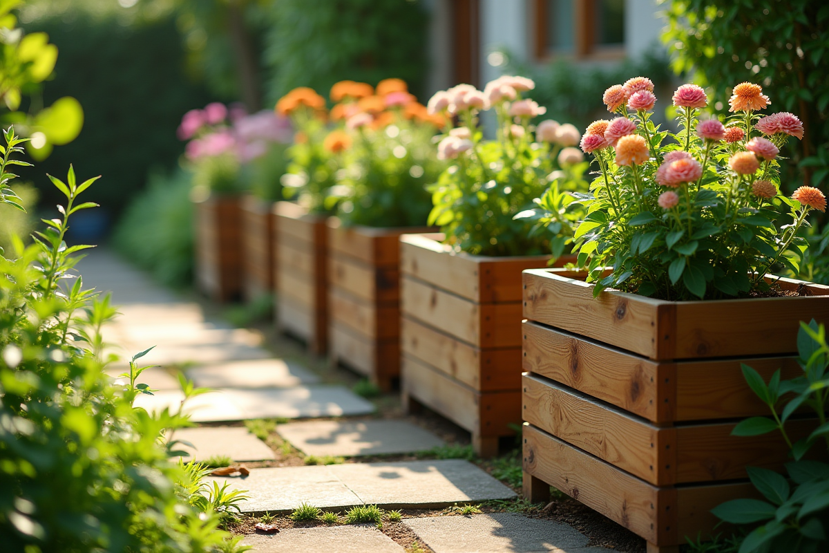 Plusieurs jardinières en bois sur un chemin vert au matin