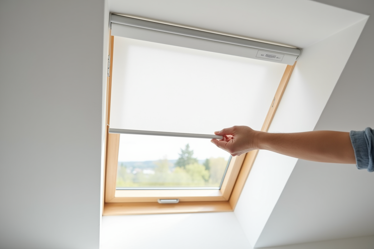 Main tirant un volet occultant sur un velux dans un loft lumineux