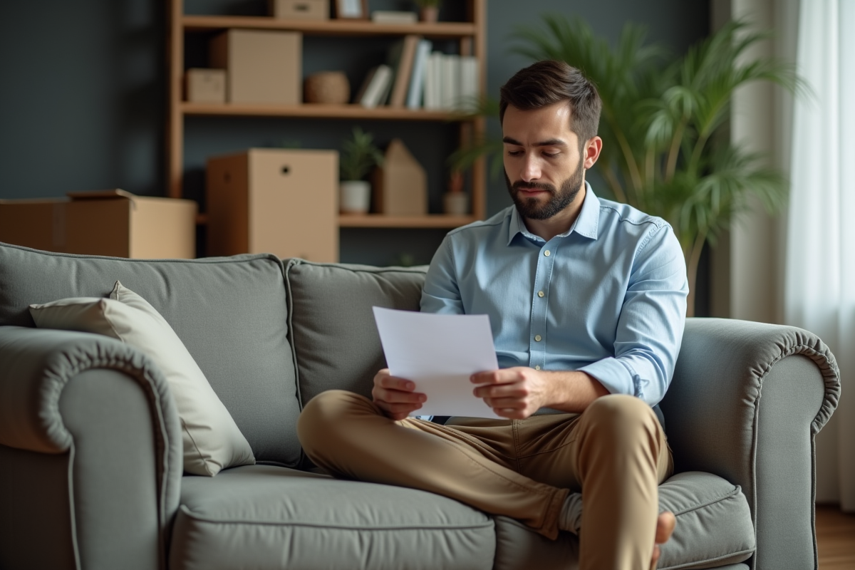 Jeune homme préparant un échange de sofa dans son salon avec des cartons