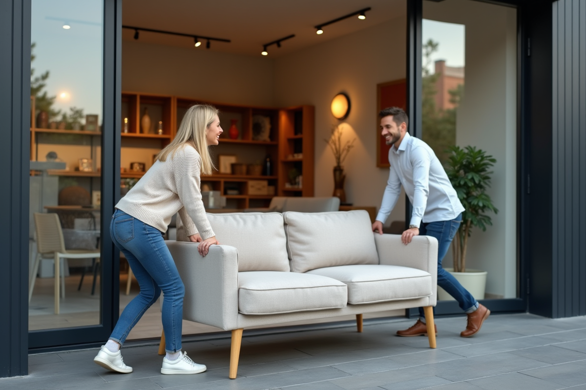 Femme souriante remettant un sofa ancien à un livreur devant un magasin moderne