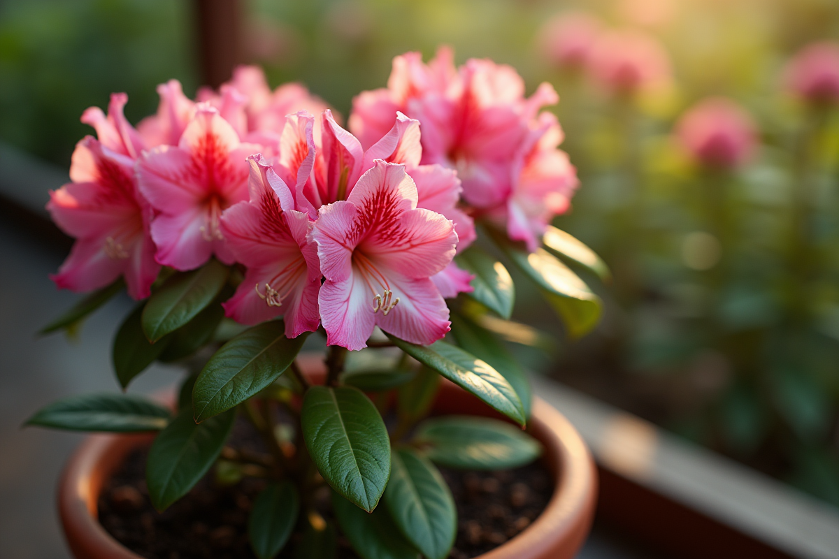 Rhododendron planté dans un pot vu du dessus au matin