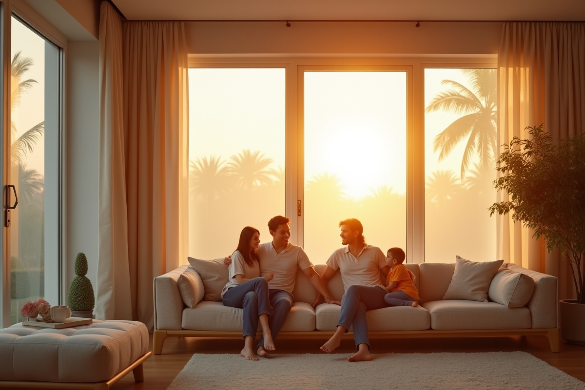 Salon moderne avec fenêtres ensoleillées et écran sur mesure