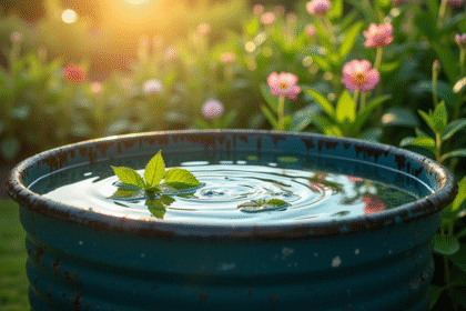 seau d'eau propre dans un jardin verdoyant ensoleille