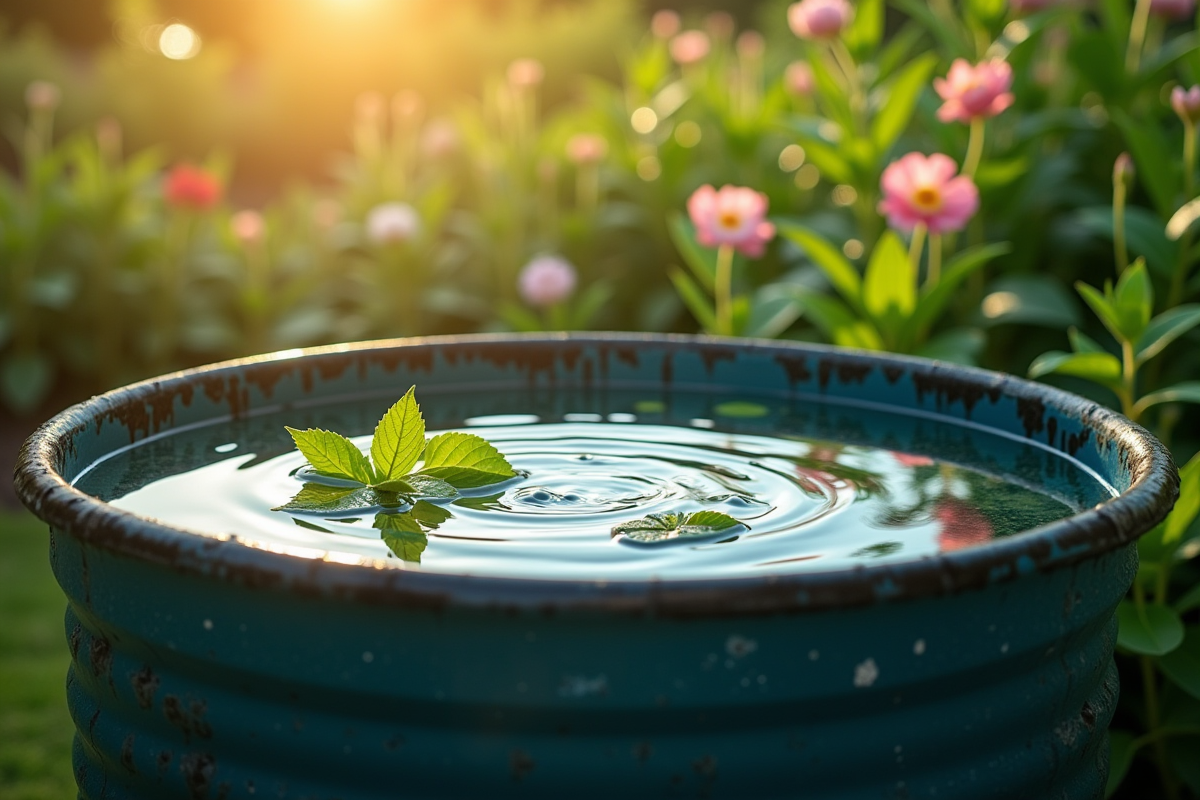 seau d'eau propre dans un jardin verdoyant ensoleille