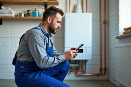 Technicien chauffage vérifiant une chaudière murale moderne