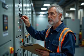 Technicien en uniforme inspectant un panneau électrique industriel