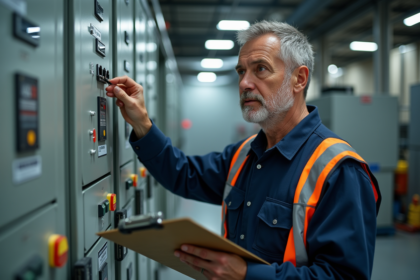 Technicien en uniforme inspectant un panneau électrique industriel