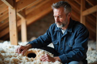 Technicien en tenue examine isolation endommagée dans un grenier