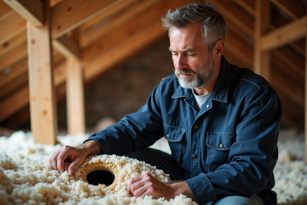Technicien en tenue examine isolation endommagée dans un grenier