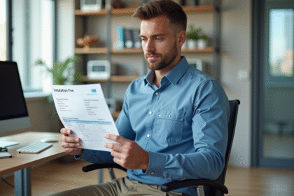 Technicien homme vérifiant une facture d'installation dans un bureau