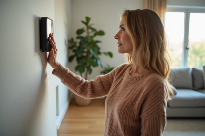 Femme ajustant un thermostat intelligent dans un salon moderne