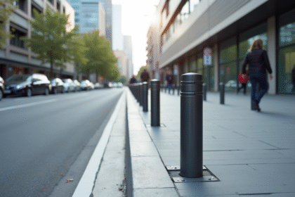 Trottoir moderne avec bornes en métal pour sécuriser la ville