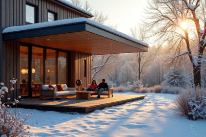 Veranda moderne avec famille dans un espace chauffé et lumineux