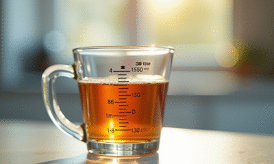 Verre mesureur rempli à 350 ml en gros plan lumineux