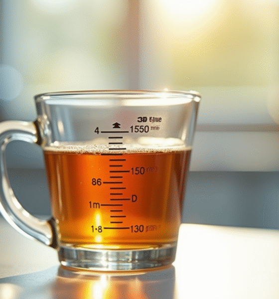 Verre mesureur rempli à 350 ml en gros plan lumineux