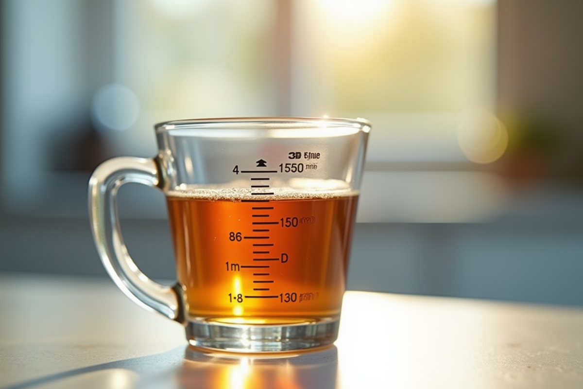 Verre mesureur rempli à 350 ml en gros plan lumineux