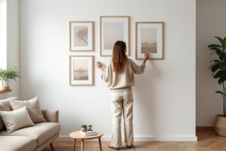 Femme élégante arrangeant des œuvres d'art dans un intérieur moderne