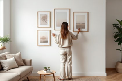 Femme élégante arrangeant des œuvres d'art dans un intérieur moderne